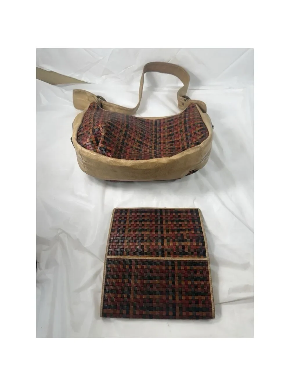 Vintage Avorio Leather Woven Hobo Bag Purse with matching wallet